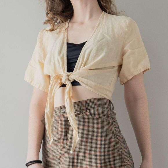 Source Unknown Tops - Yellow Linen Organic Crop Leisure Summer Boho Resortwear Tie Waist Women's Top